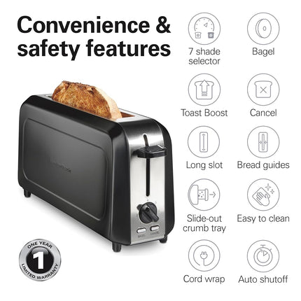 Hamilton Beach Extra Wide Long Slot 2 Slice Toaster, Browning Control With 7 Shades, Bagel Function, Cancel Button & Auto Shutoff, Modern Slim Design Fits Any Space, Black (22989)