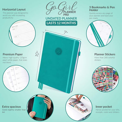GoGirl Planner PRO - Undated Horizontal Layout Weekly Planner and Organizer + Budgeting and Expense Tracking Pages, Goals Journal & Agenda, 18 x 25.5cm, Hardcover, Lasts 1 Year - Turquoise