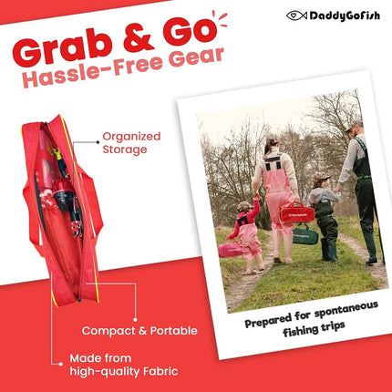 DaddyGoFish Kids Fishing Pole – Telescopic Rod & Reel Combo with Collapsible Chair, Rod Holder, Tackle Box, Bait Net and Carry Bag for Boys and Girls (Red, 4)