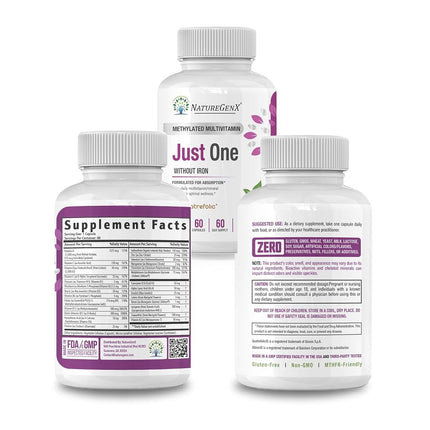 NatureGenX - Just One Ultra Daily MTFHR Support Methylated Multivitamin with ADK, CoQ10, Active Vitamin B12 (Methylcobalamin), Quatrefolic L5-MTHF for Woman and Men, Dr Formulated, 60 Capsules