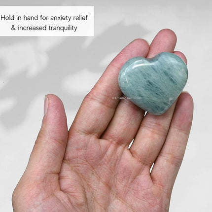 Amazing Gemstone Aquamarine Crystal Heart Palm Stone - Pocket Massage Worry Stone for Natural Body Chakra Balancing, Reiki Healing and Crystal Grid