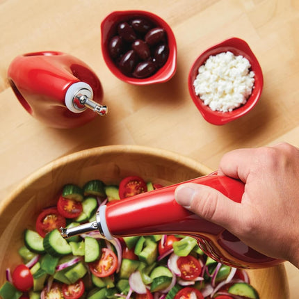Rachael Ray Serveware Ceramics EVOO and Ramekin Dipper Set, 4 Piece, Red