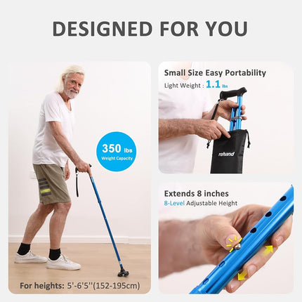 REHAND Walking Stick for Men & Women - Foldable, Adjustable, Lightweight, Self Standing Pivot Walking Stick, Soft Handle Grip, with Travel Bag, Walking Sticks for Seniors & Adults (Blue)