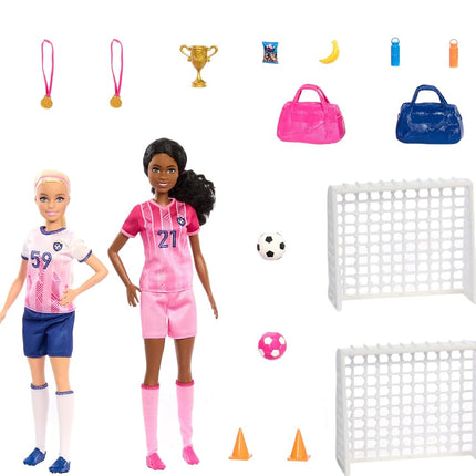 Barbie Careers Playset, Soccer Player Set with 2 Fashion Dolls & 15 Accessories Including Barbie 'Brooklyn”, Blonde Petite Player, 2 Nets & More, HRG88