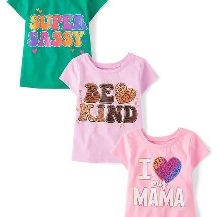 The Children's Place Baby Girls' and Toddler Assorted Everyday Short Sleeve Graphic T-Shirts,multipacks, Heart Mama/Be Kind/Super Sassy 3-Pack, 12-18 Months