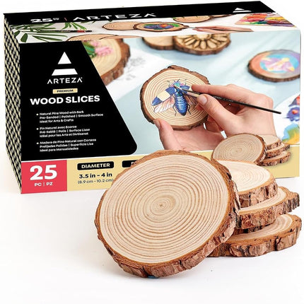 ARTEZA Rodajas de Madera Natural, 25 piezas, 3.5-4 pulgadas de diámetro, 0.4 pulgadas de grosor, Discos redondos de madera de pino con corteza para manualidades, adornos navideños, centros de mesa y pinturas