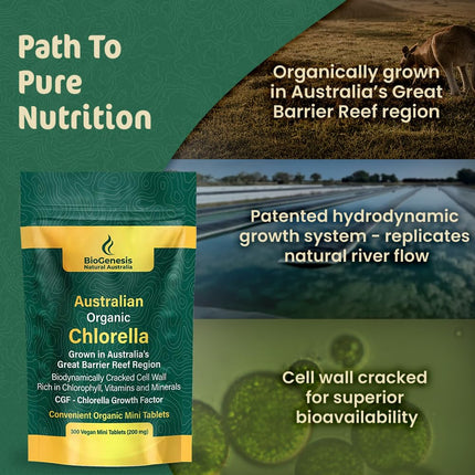 Biogenesis Organic Chlorella Mini Tablets – 300 Count (200mg) | Australian Grown | Rich in Chlorophyll, Vitamins & Minerals | Supports Energy & Immunity | Vegan Mini Tablets