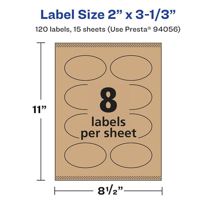 Avery Kraft Brown Oval Labels with Sure Feed, 2" x 3-1/3", 120 Kraft Brown Labels, Print-to-The-Edge, Laser/Inkjet Printable Labels