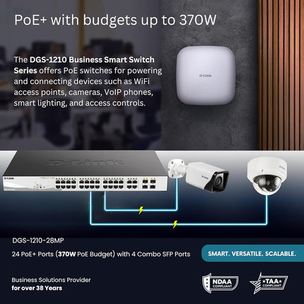 D-Link DGS-1210-28MP 28-Port Gigabit Smart Managed PoE Switch, 4 x Gigabit GbE/SFP Combo Ports, Enhanced L2 Switching and Security Features, L2+ Static Routing, 370 W PoE Budget, Black