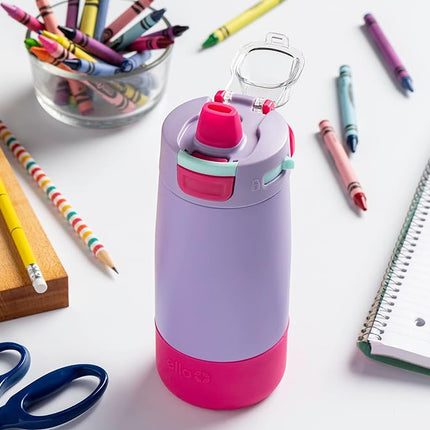 Ello Kids Colby 12oz Stainless Steel Insulated Water Bottle with Straw and Built-In Silicone Coaster Carrying Handle and Leak-Proof Locking Lid for School Backpack, Lunchbox, and Outdoor Sports, Lilac