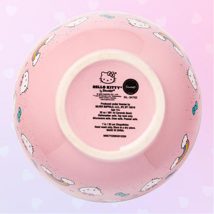 Silver Buffalo Sanrio Hello Kitty Bows Stars Rainbow Pattern Ceramic Ramen Noodle Rice Bowl with Chopsticks, Microwave Safe, 20 Ounces