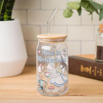 Silver Buffalo Disney Alice in Wonderland Glass Mason Jar Tumbler with Bamboo Lid and Glass Straw, 16 Ounces