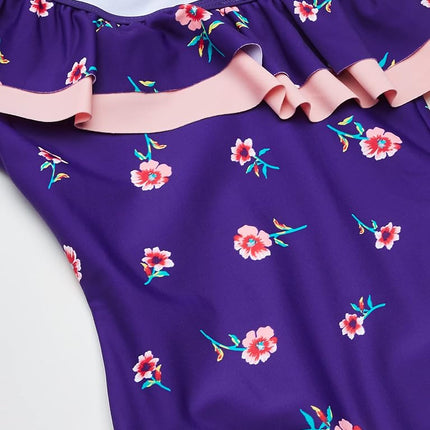 Kanu Surf Girls' Morgan Floral Ruffle 1-Shoulder 1-Piece Swimsuit, Purple, 12