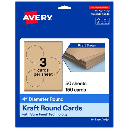 Avery Printable Round Cards, Sure Feed Technology, 4" Diameter, Kraft Brown Cardstock, Print-To-The-Edge, Laser/Inkjet Printable, 150 Total, Great for Business Messaging