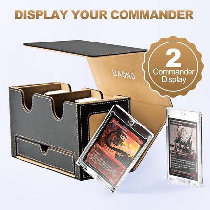 UAONO MTG Deck Box with 2 Commander Display and Dice Tray-Patented Design, Double Deck Box for 280+ Single Sleeved Cards, Leather Magnetic Card Storage Box Fits for TCG CCG Magic Cards (Black&Khaki)