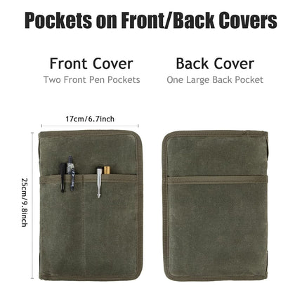 Zipper A5 Notebook Journal Planner Sketchbook Cover, Water Resistant Waxed Canvas Pocket Pocket Field Notes Cover for Journal Notebook Password Planner Book with Pen Loop (8.6"x6.9", Olive)