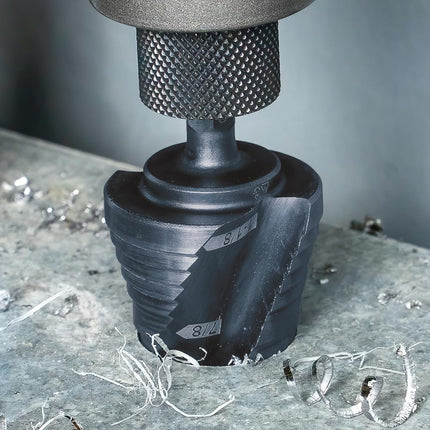 Klein Tools QRST11 Step Drill Bit, Quick Release Spiral Double-Fluted, 7/8 to 1-1/8-Inch, Hex Shank, Cut Steel, Wood, Plastic, Aluminum