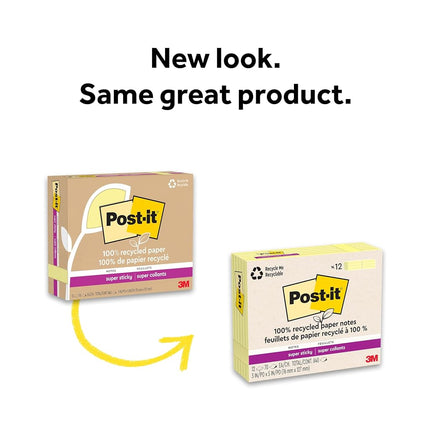 Post-it 100% Recycled Paper Super Sticky Notes, 2X The Sticking Power, 3x5 in, 12 Pads/Pack, 70 Sheets/Pad, Canary Yellow(655R-12SSCY)
