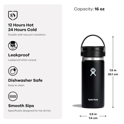 Hydro Flask Wide Mouth with Flex Sip Lid - Insulated Water Bottle Travel Cup Coffee Mug Tumbler 16 Oz