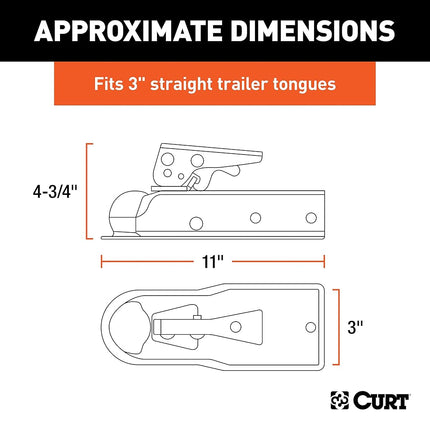 CURT 25100 Straight Tongue Trailer Coupler for 3-Inch Channel, 2-In Hitch Ball, 5,000 lbs