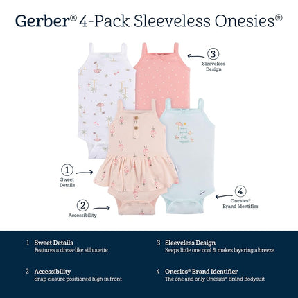 Gerber Baby Girls Multi-pack Sleeveless Onesies Bodysuit, Pink Flamingo, 12 Months