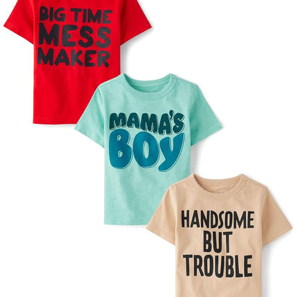 The Children's Place Paquete de 3 camisetas gráficas de manga corta para bebé/niña pequeña, modelo Handsome/Mess Maker/Mamas Boy, talla 3T