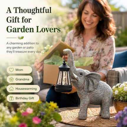 Solar Garden Statue Lights Elephants Figurine with Solar Lantern, Outdoor Yard Decorations for Patio Porch Home, Christmas Elephant Gifts for Women - Unique Housewarming Gifts
