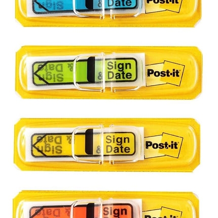 Post-it Message Flags, Sign and Date, 30/Dispenser, 4 Dispensers/Pack, .47 in Wide, Assorted Colors (684-SD) (3 Pack)