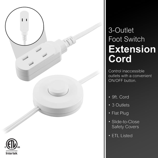 GE Extension Cord with Footswitch 3 Outlet Extension Cord with Multiple Outlets with On Off Switch Perfect for Work from Home Essentials 9ft Power Cord 16 Gauge UL Listed White 42803