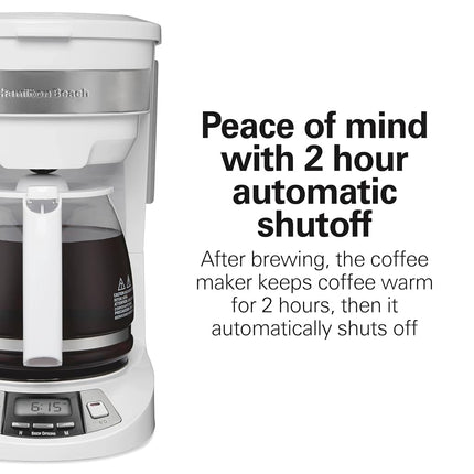 Cafetière filtre programmable Hamilton Beach 12 tasses avec 3 options d'infusion, verseuse en verre, pause et service automatiques, blanc (46294)