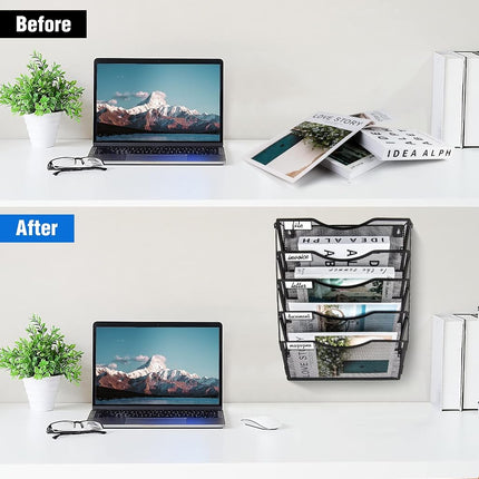 BOHDK Wall File Organizer 5 Pockets, Mail Organizer, Hanging Folder Holder, Foldable | Hanging or Wall Mounted | Label Panel | 2 Hooks | Office Home School Organizer, Black