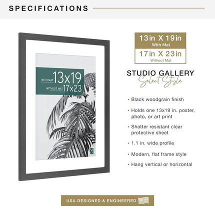 Cadre Photo Affiche MCS Studio Gallery 17x23, pour photos 13x19 avec passe-partout ou 17x23 sans passe-partout, cadre mural grand format pour photos et affiches, orientation verticale et horizontale, Noir (1-Pack)
