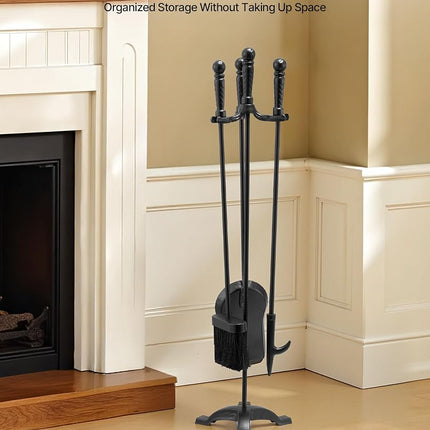 VEVOR Fireplace Tool Set, 4 PCS Fire Tool Set and Holder with Three-Prong Stand, Ash Shovel, Brush, Fire Place Poker, Wrought Iron Fireplace Accessories for Campfire Indoor/Outdoor, Black