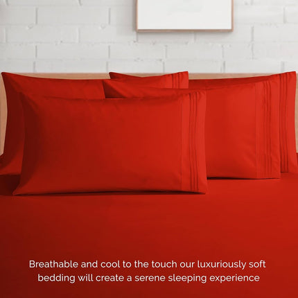 Elegant Comfort 1500 Premium Quality 6-Piece Bed Sheet Set - 18-24 Inch Extra Deep Pocket, Smart Storage Pockets, Wrinkle Free Ultra Soft 6PC Extra Deep Pocket Sheets, Queen, Red