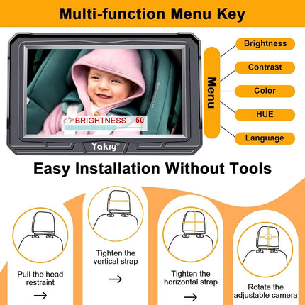 Yakry Baby Car Camera for Backseat - HD 1080P, 170° Wide Angle, Night Vision, 360° Rotation, Safe for Babies, Easy Install, Rear-Facing Baby Car Mirror for Parents