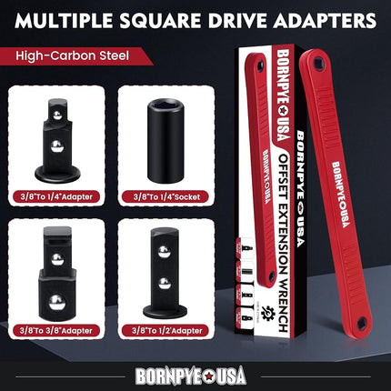 Bornpye Offset Extension Wrench Set, Impact Ready Socket Wrench Extender Tool with Versatile 1/4", 3/8", and 1/2" Square Drive Adapters (Red)