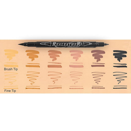 Realeather F2400-01 Leather Dye Pens, Double Sided with Fine and Brush Tips, Earth Tone Colors, 6-Pack