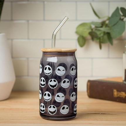 Silver Buffalo Disney Tim Burton Nightmare Before Christmas Jack Skellington Expressions Gray Glass Jar Tumbler with Bamboo Lid and Glass Straw, 16 Ounces