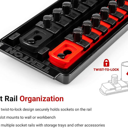TEKTON 3/8 Inch Drive 12-Point Socket Set with Rails, 68-Piece (1/4-1 in., 6-24 mm) | SHD91221