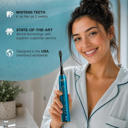 Wagner Stern IntelliBrush Series Whitening Electric Toothbrush with Pressure Sensor. Offers 4 Brushing Modes, 3 intensities, 8 Soft Brush Heads, and a Luxury Travel case.