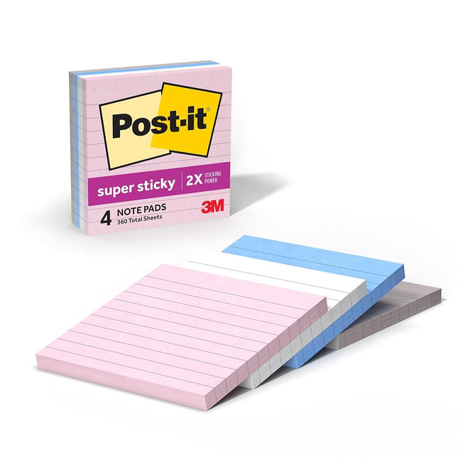 Post-it Super Sticky Notes, 4 Lined Sticky Note Pads, 4 x 4 in., School Supplies, Office Products, Sticky Notes for Vertical Surfaces, Monitors, Walls and Windows, Simply Serene Collection