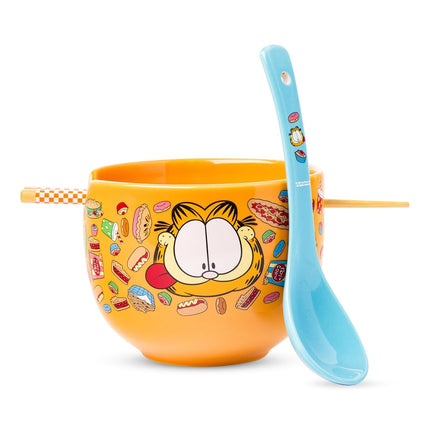 Silver Buffalo Garfield Hungry Junk Food Ceramic Ramen Noodle Rice Bowl with Chopsticks and Spoon, Microwave Safe, 20 Ounces