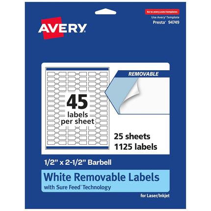 Avery Matte White Removable Barbell Labels with Sure Feed Technology, 0.5" x 2.5", 1,125 Removable Labels, Laser/Inkjet Printable Labels