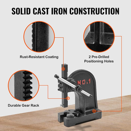 VEVOR Arbor Press, 1 Ton Manual Arbor Press, 5.9" Maximum Height, Cast Iron Heavy-duty Manual Desktop Arbor Press, Precision Hand Press for Stamping, Bending, Stretching, Forming