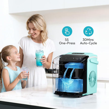 EUHOMY Countertop Ice Maker Machine with Handle, 26lbs Per Day, 9 Ice Cubes Ready in 6 Mins, Auto-Cleaning Portable Ice Maker with Basket and Scoop, for Home/Kitchen/Camping/RV (Green)