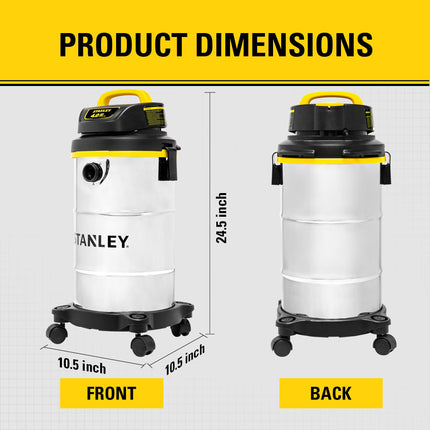 Stanley Wet/Dry Hanging Vacuum, 4.5 Gallon, 4 Horsepower, Stainless Steel Tank