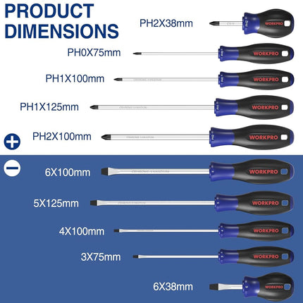 WORKPRO 10-Piece Magnetic Screwdriver Set with Pouch, Phillips, Slotted, Flat Head Screwdriver Include Magnetizer, Screwdriver with Non-Slip Grip, for Home Repair and DIY Projects