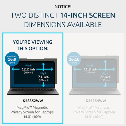 Kensington Magnetic Privacy Screen Filter - MagPro Magnetic 14 Inch 16:9 Laptop Privacy Screen Filter with Blue Light Filter, Anti-Glare Screen Protector (K58352WW)