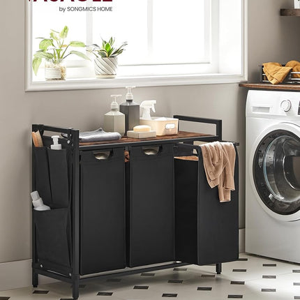 VASAGLE Laundry Hamper, Laundry Basket, Laundry Sorter with 3 Pull-Out and Removable Bags, Shelf, Metal Frame, 3 x 10 Gallons (38L), 36.4 x 13 x 28.4 Inches, Rustic Brown and Black UBLH301B01