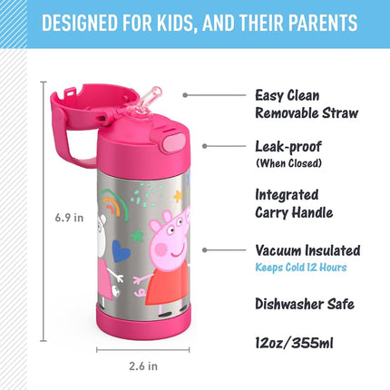 Thermos FUNTAINER Water Bottle with Straw - 12 Ounce, Peppa Pig - Kids Stainless Steel Vacuum Insulated Water Bottle with Lid